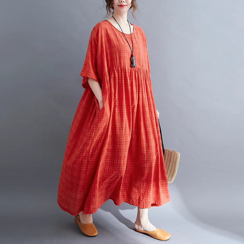 Artistic Large Size Women's Summer Loose Plaid Short Sleeve Dress Draping Elegant Swing Style Cotton Checkered Midi Dress