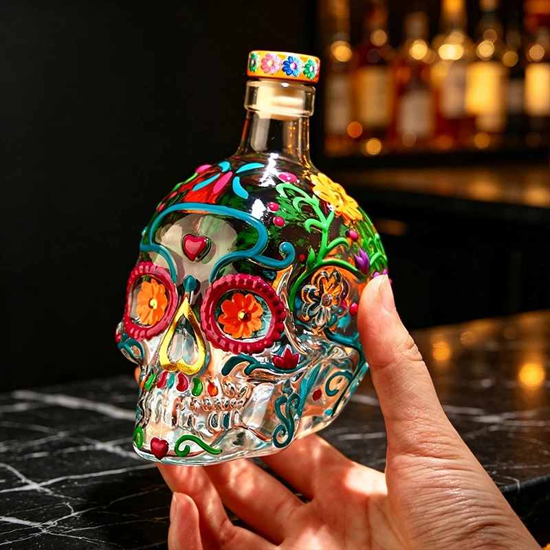 240ml Day of the Dead Skull Whiskey Decanter – Hand-Painted Glass Spirit Bottle, Mexican Folk Art for Bar & Home Decor