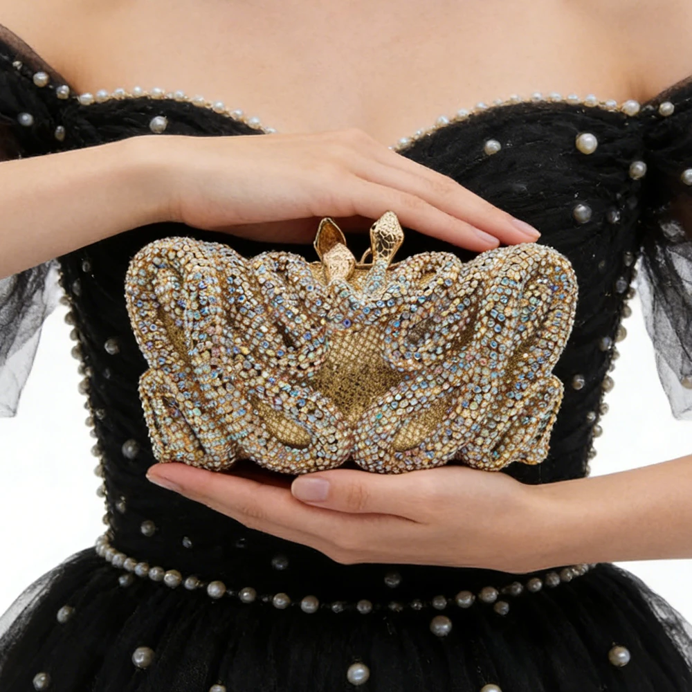 

Золотистая/Серебристая вечерняя сумка-клатч AB Snake для женщин, роскошная новая женская сумочка со стразами, клатч для вечеринок и выпускных балов с кристаллами