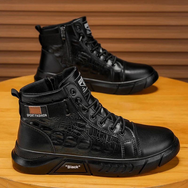 Men Retro Platform High Top Leather Boots Thick Cushion Midsole Smooth Pu Non Slip Flat Elevate Street Footwear