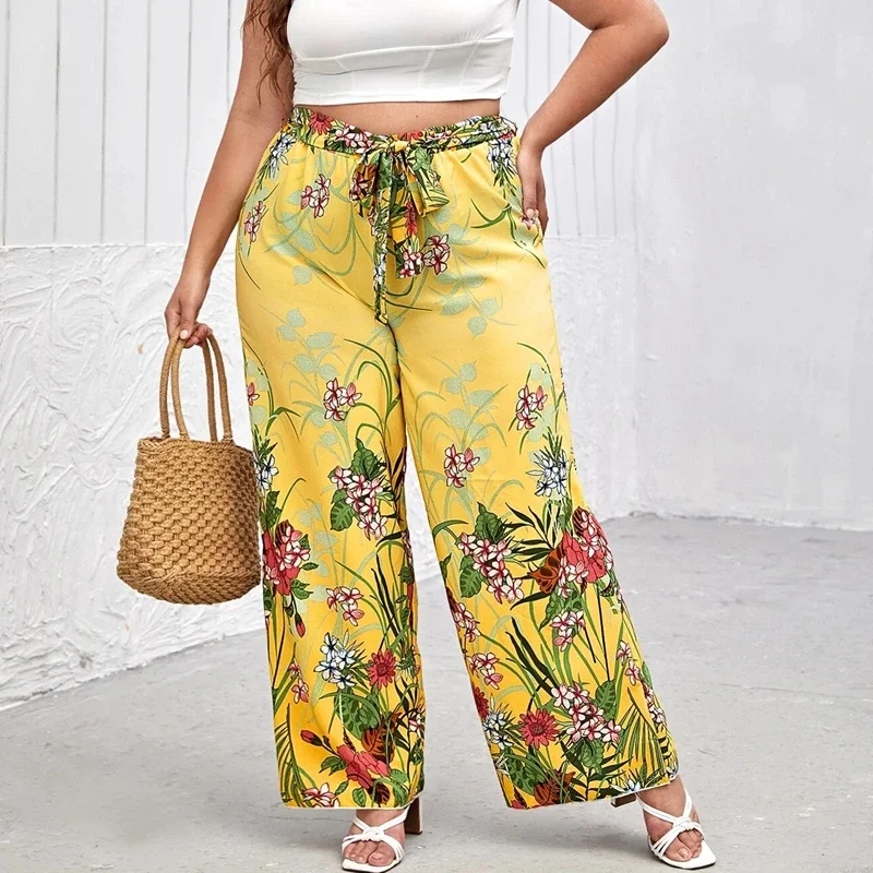 Plus Size Floral Print Summer Elegant Wide Leg Pants Elastic Waist Sashes Casual Yellow Boho Pants Trousers Large Size 6XL 7XL