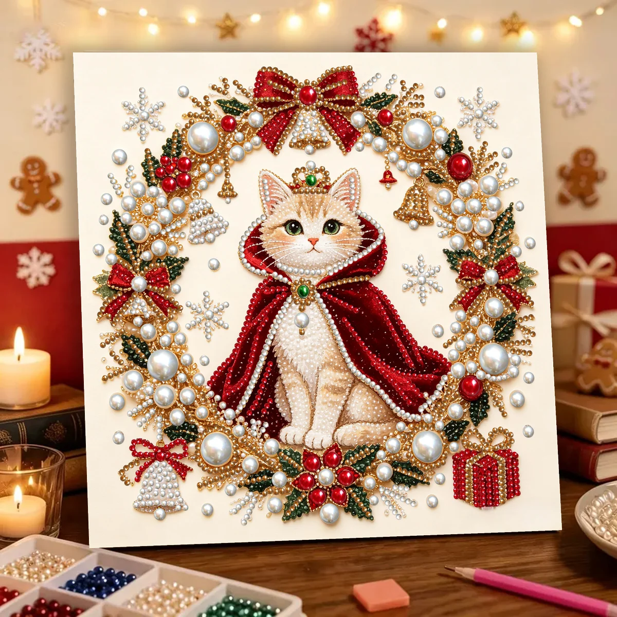 1Set  30X30CM/11.8in  Diamond Painting Art Set DIYChristmas Cat Wreath Crown Pearl Painting Craft Kit Quick Completion Beginner