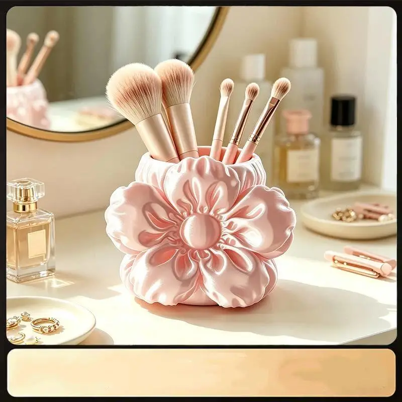 3D Printed Silk Flower Shaped Makeup Brush Holder Large Capacity For Vanity Makeup Storage For Women And Girls