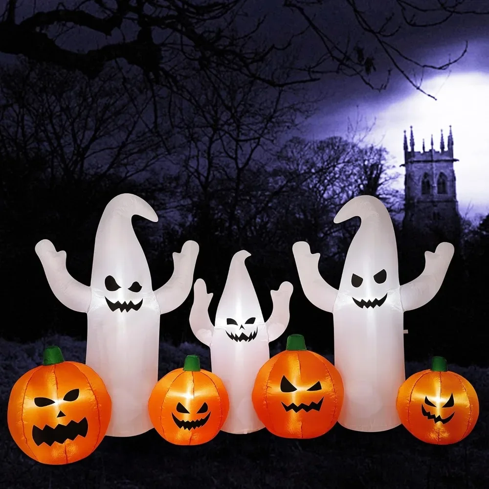 

8 FT Long Lighted Halloween Inflatable Ghosts with Pumpkins, Halloween Blow Up Decorations for Halloween Indoor Outdoor Garden