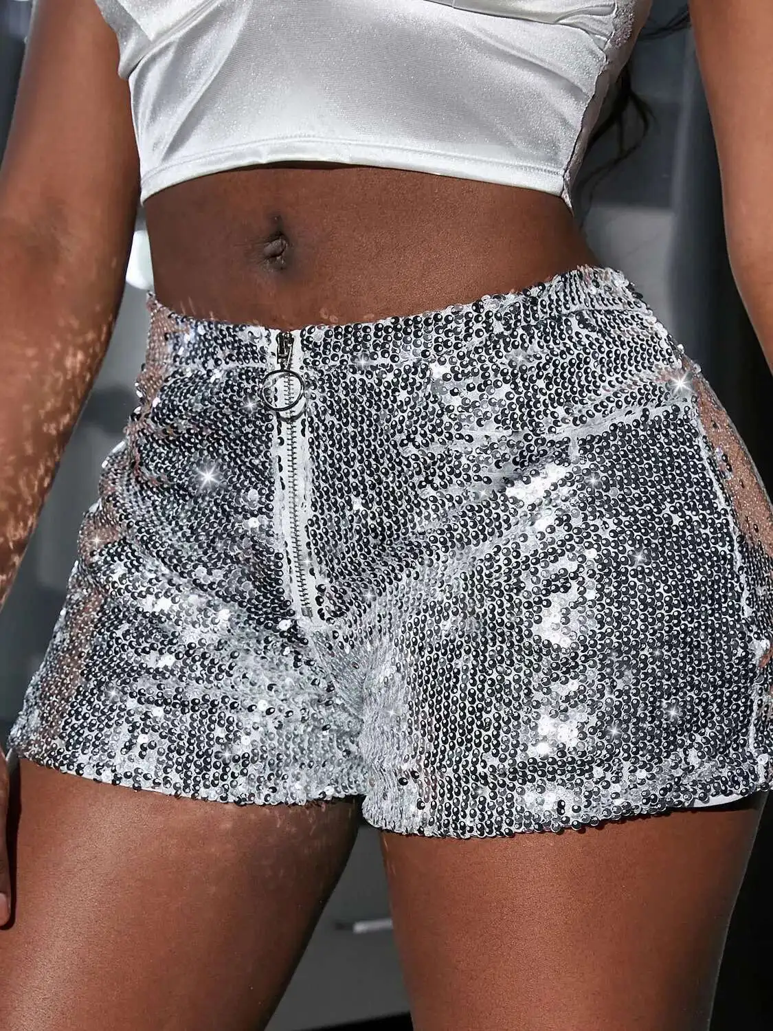 새로운 다목적 스팽글 하이 웨이스트 반바지 캐주얼 반바지 바 댄스 공연 반바지 샤인 지퍼 섹시한 순수한 욕망 나이트 클럽 XMWV