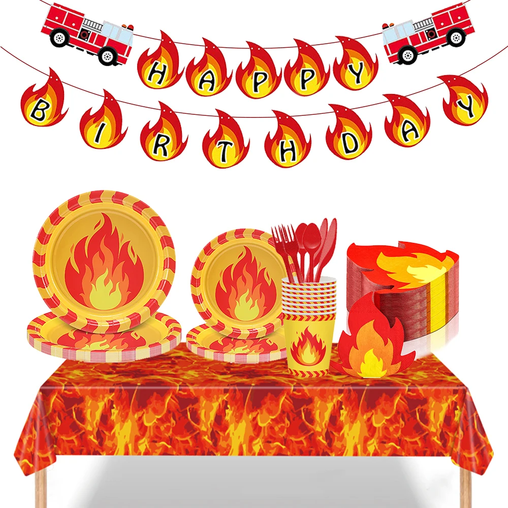 Fire Party Disposable Paper Plates Flame Napkins Cups Kids Fire Truck Firefighter Fireman Birthday Party Favors Decors Supplies