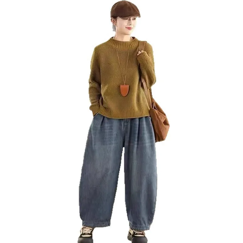 Nuevo suéter Retro liso con cuello simulado para mujer, jerséis tejidos de algodón peinado, tejido suelto, camiseta de fondo de otoño de gama alta