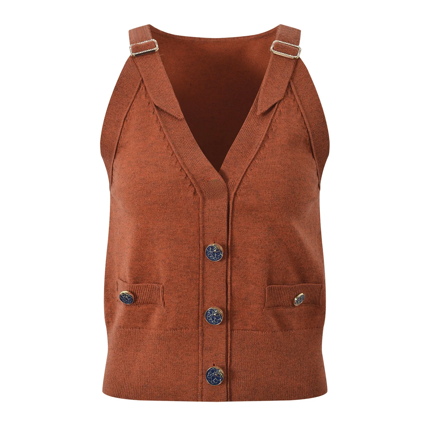 خريف 2025 جديد Sle Fraance صغير V-ne oulder Bule تنوعا محبوك Svel ort سترة تانك القمم المرأة Faion