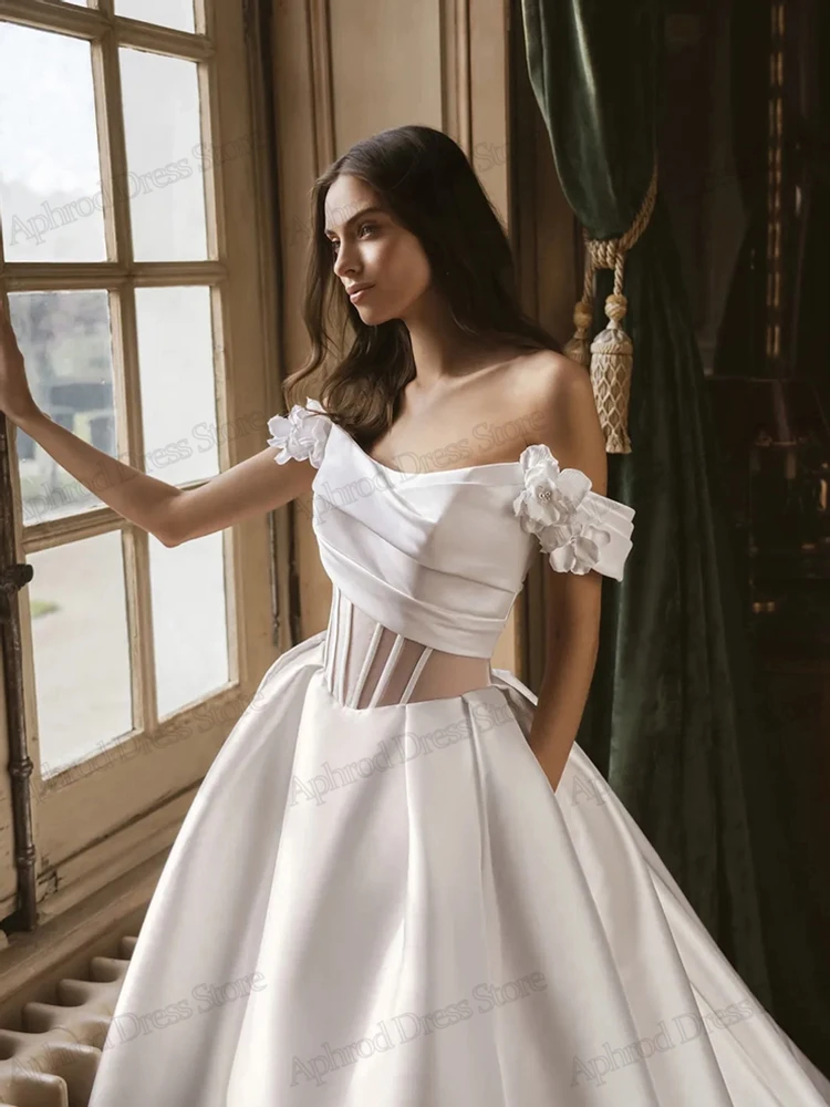 Graciosos vestidos de casamento cetim vestidos de noiva fora do ombro roupões até o chão simples sem costas vestidos de novia personalizado
