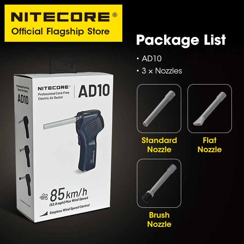 Nitecore-Espanador de ar elétrico sem fio, USB C, recarregável, ventilador de mão, limpador para câmera, teclado, computador, AD10, 18W