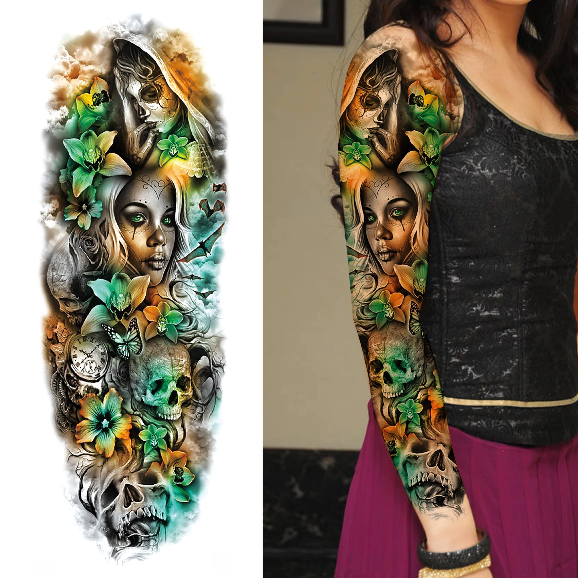 1 Sheet Flower Skull Fox Lion Wolf Peacock Temporary Tattoos For Women Girl Full Arm Sleeve Tattoo Sticker Disposable Waterproof