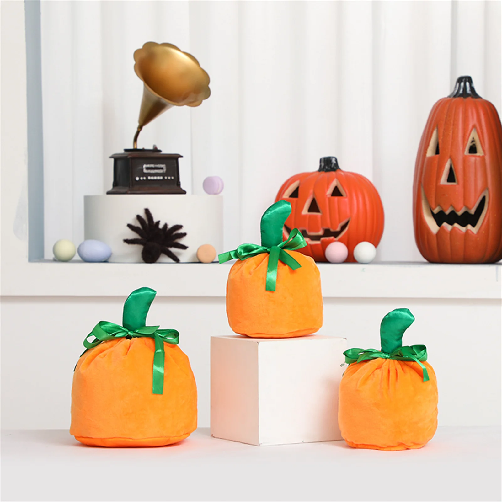 

Halloween Pumpkin Gift Bag For Kids Orange Candy Bag lining Drawstring Green Ribbon Treat Or Trick Bag