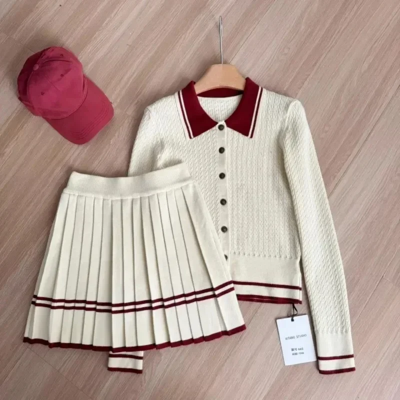 Preppy Style Vintage Knit 2 Piece Set Women Korean Fashion Elastic Long Sleeve Lapel Top + Casual Retro Elastic Waist Skirt Suit