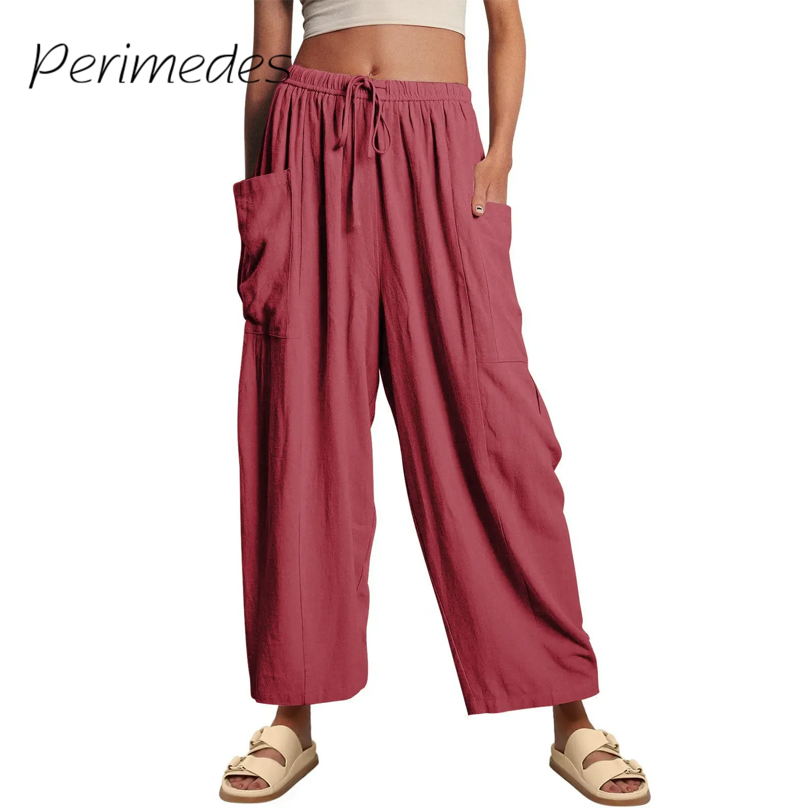 

Women'S Ninth Trousers Solid High Waist Jogger Casual Wide Leg Pants Baggy Loose 2024 Comfy Cropped Pants With Flap Pockets