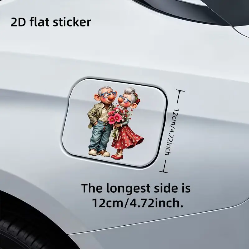 1Pc Cartoon Old Couple Holding Flowers Romantic Fuel Cap Sticker for Car Decal Decor