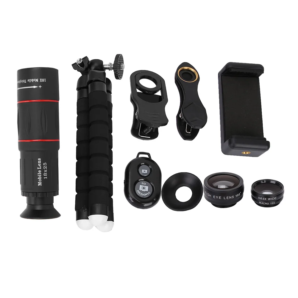 High Definition-lens Helder beeld 18X lange focus Fisheye Groothoek Macro 4-in-1 Universele externe camera Telefoonlens Lichtgewicht