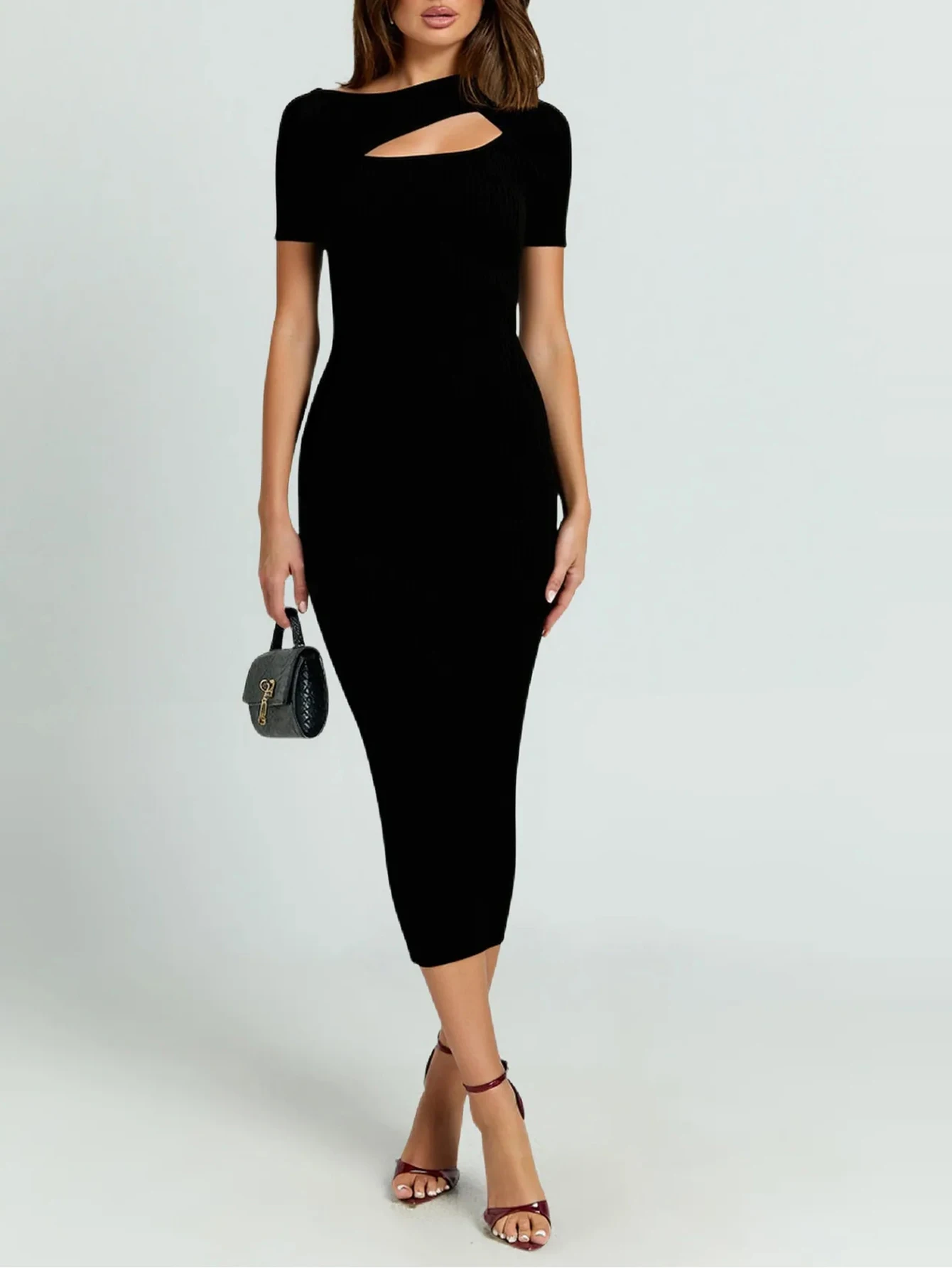 ملابس مكتب نسائية 2025 فستان ميدي أساسي حديث بتفاصيل مقصوصة وأكمام قصيرة ورقبة دائرية للأسلوب الاحترافي الآمن