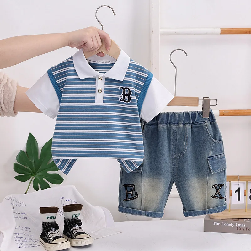 Children's Summer Suit 2026 New Baby Boy Clothes Striped Turn-down Collar Short Sleeve T-shirts and Denim Shorts 2 Piece Set