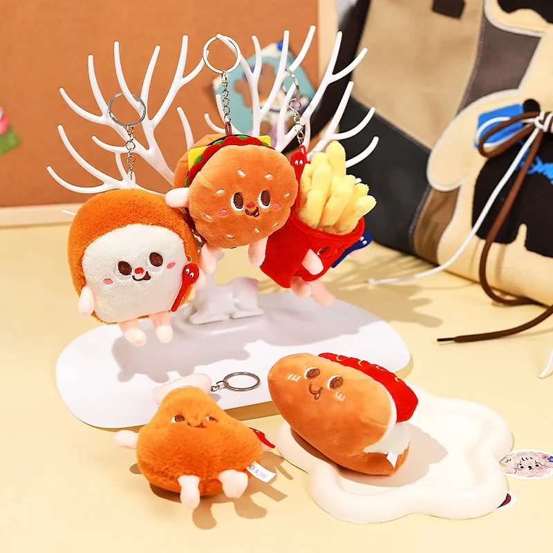 Cute Fast Food Plush Keychain Hamburger Fries Hot Dog Drum Bun Stuffed Doll Bag Pendant Food Keyring Backpack Decor view 4