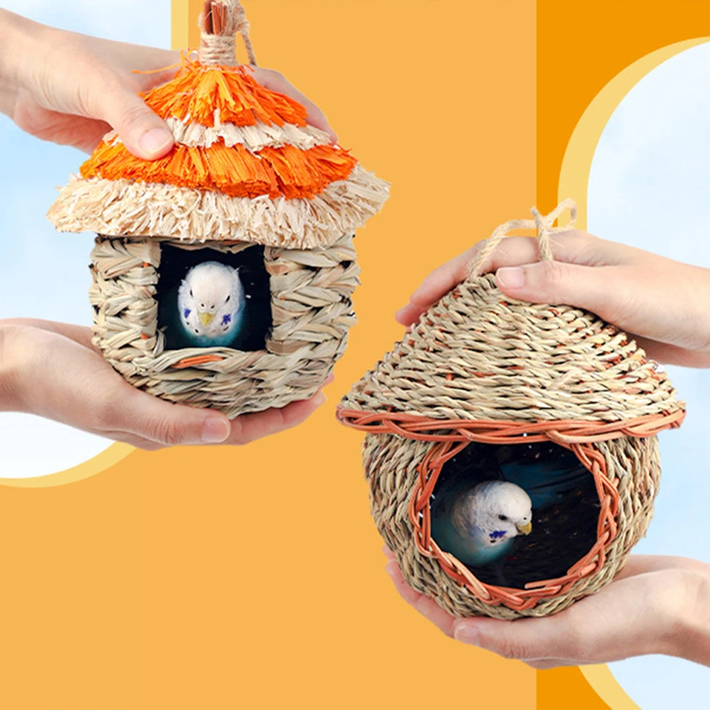 Bird Nest Grass Handwoven Bird House For Small Parrot Canary Lovebird Parakeet Cockatiel Hand-Woven Grass Hatching Bird Hut Outd