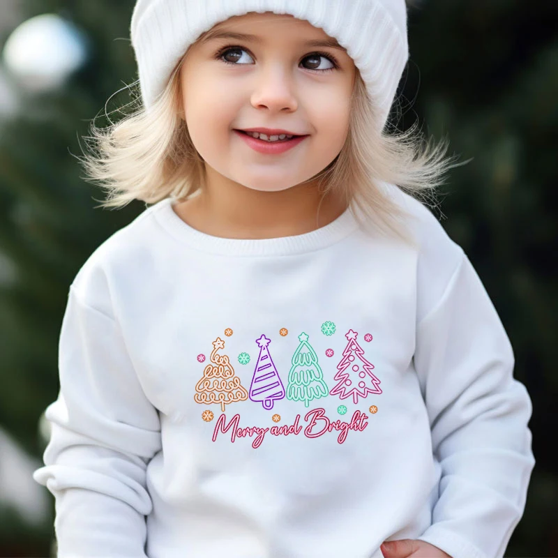 Christmas Tree Merry and Bright Children's Sweatshirt Casual Round Neck Long Sleeve Boys Girls Pullover Kids Xmas Y2K Tracksuit