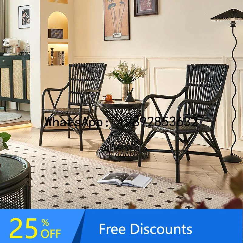 

CZ Wabi-Sabi Style Rattan Chair Three-Piece Set Vintage Homestay Balcony Chair Side Table Set Foshan Dining Chair Wholesale