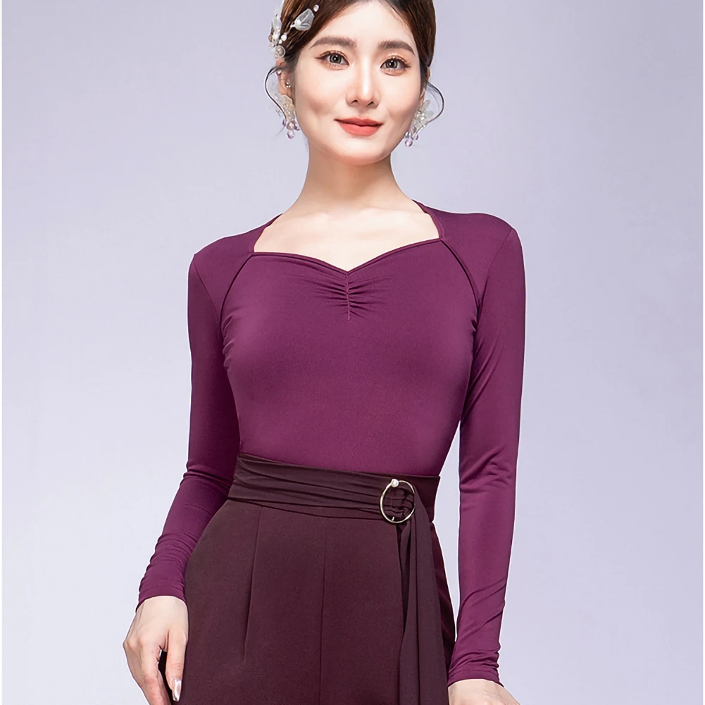 

Latin Dance Black Top Elegant Women's New Practice T-shirt Square Collar Ancora Red Elegant Jumpsuit Long Sleeve Modern Dance