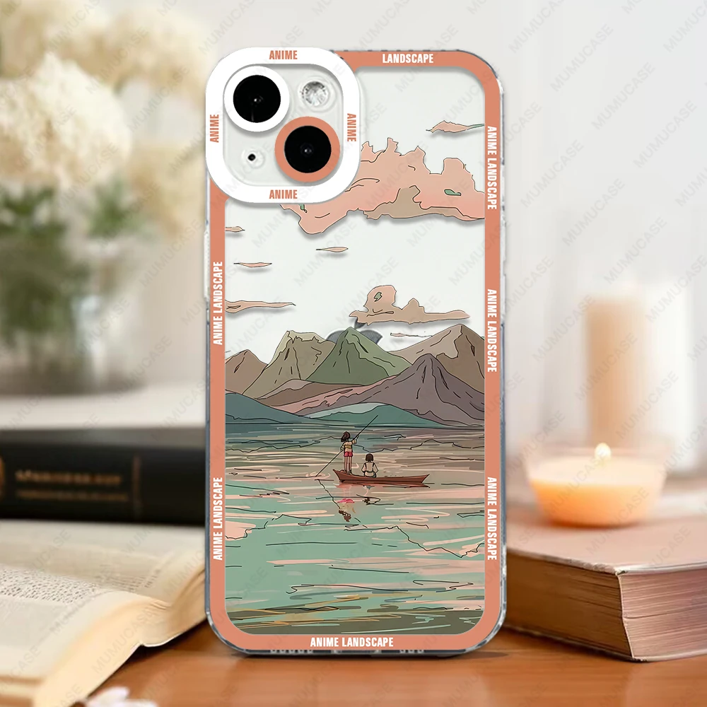 Case For iPhone 16 15 14 13 Pro Max 12 Mini 11 XS X XR SE 7 8 Plus Soft Cover Anime Landscape Cloud Whale
