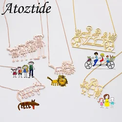 Atoztide Children's Drawing Necklace Bracelet Keychain Personalized Stainless Steel Jewelry Set Kids Actual Artwork Doodle Gift