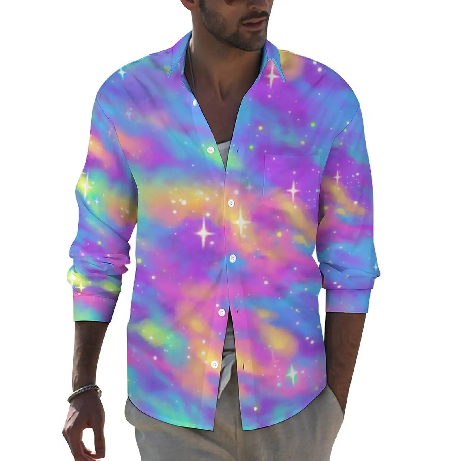 Abstract Star Print Y2K Casual Shirt Man Pastel Galaxy Shirt Autumn Cool Blouses Long Sleeve Design Oversized Clothing