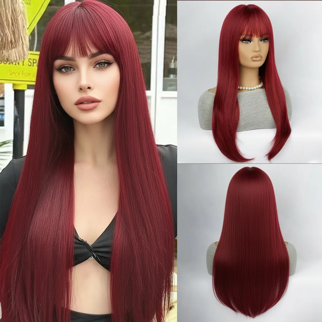 

Wig, European and American women, burgundy long straight hair with bangs, synthetic headband, high-temperature silk