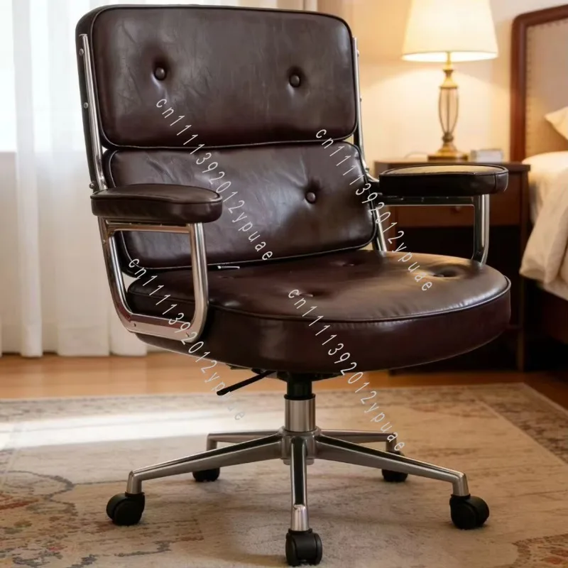 Nordic Ergonomic Leather Office Chair, Retro Home Study Computer Chair with Height Adjustment, Comfortable Seating