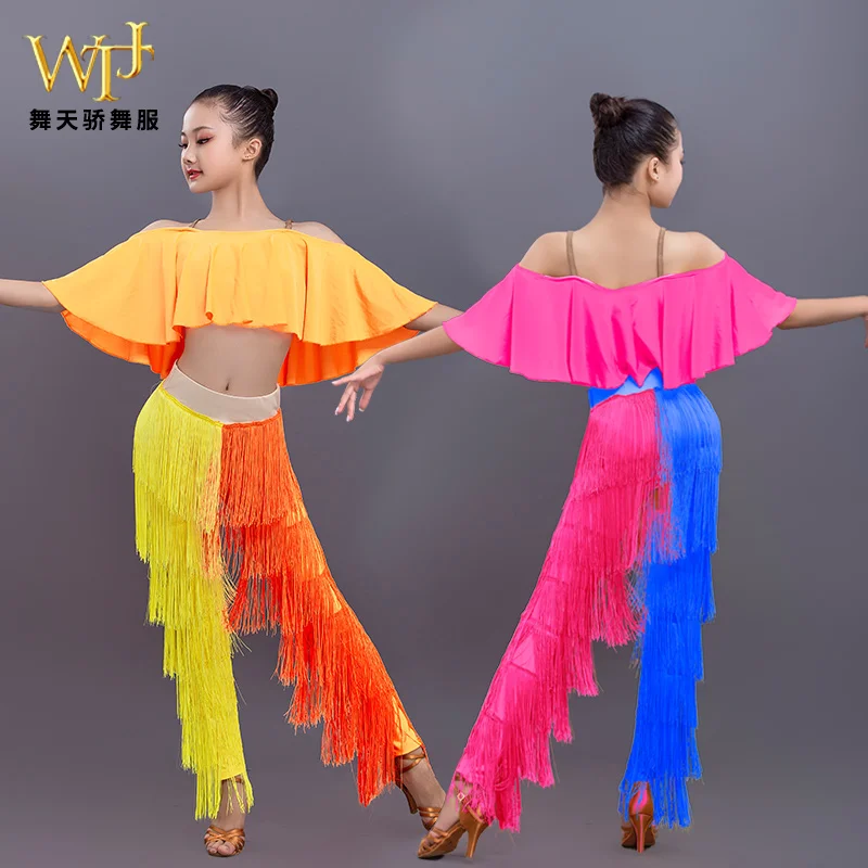 Roupas para meninas de dança latina, conjunto de calças com borla, terno de treinamento profissional, terno de performance de competição de dança infantil