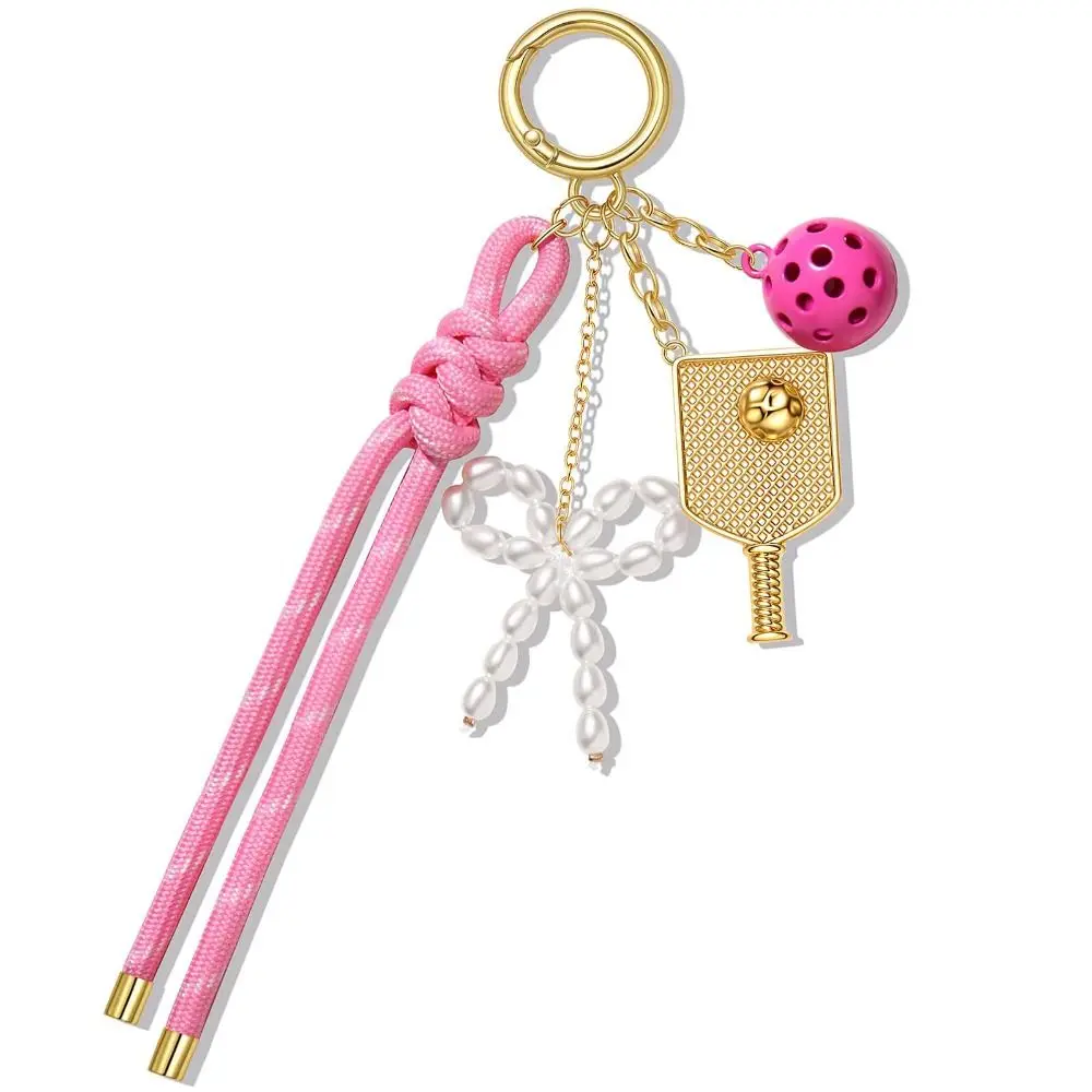 Nylon Rope Sports Ball Charm Sports Theme Pearl Bow Purse Keychain Charm Alloy Rhinestone Accent Backpack Pendant Sports Fans