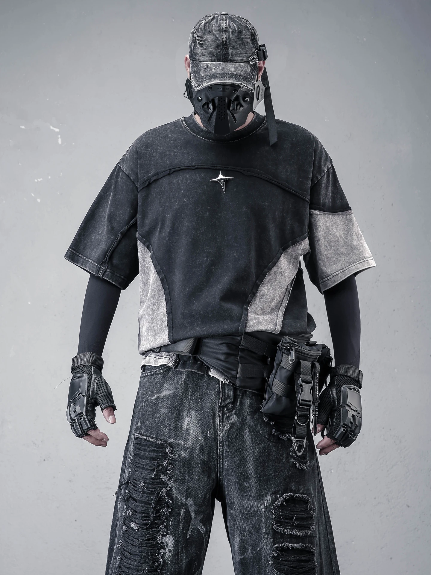 Retro American Apocalyptic Style Spliced Short Sleeve T-Shirt Men Summer High Street Loose Fit Metal Buckle Trendy Top