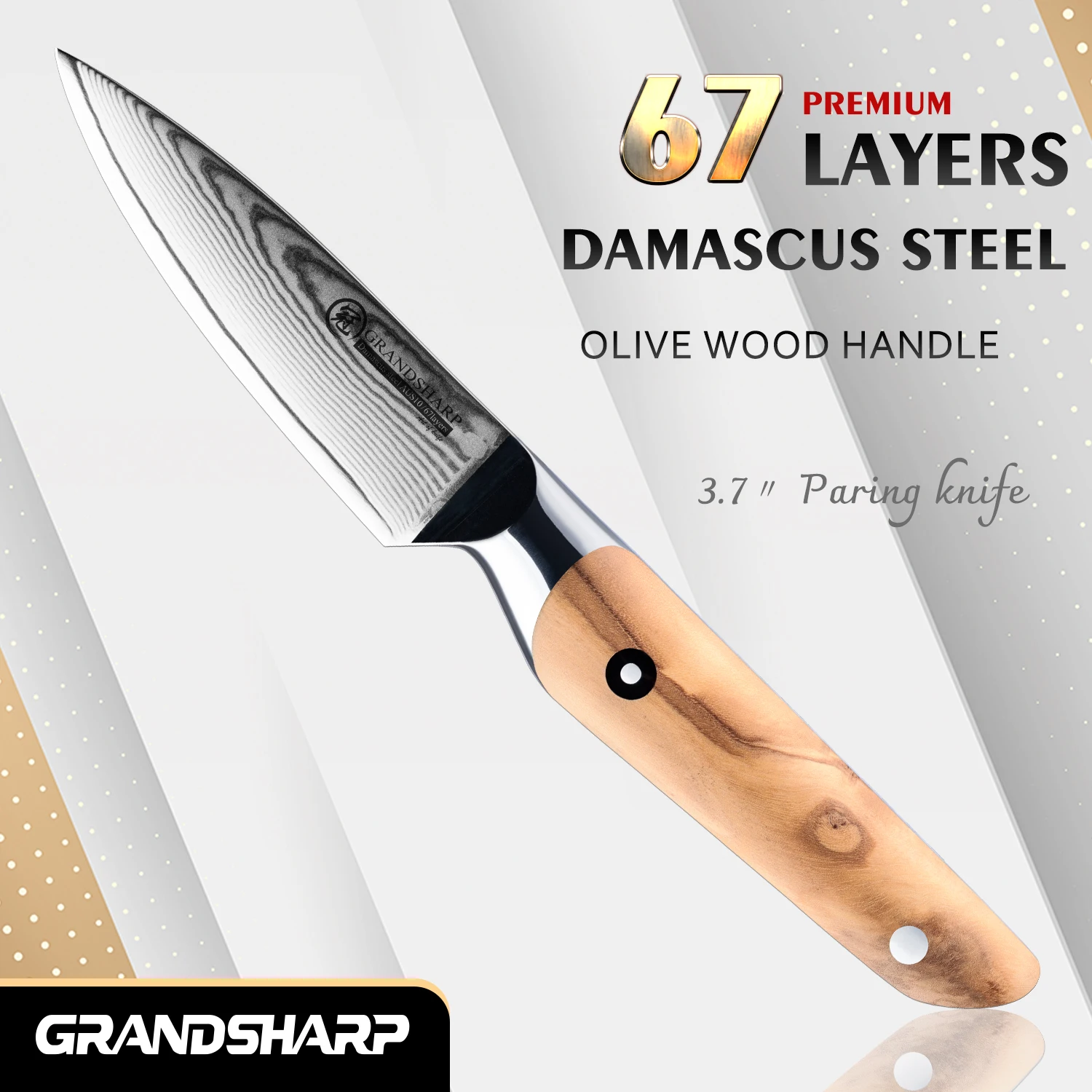 Grandsharp 3.7'' Paring Knife 67 layer Damascus Steel with Olive Wood Handle Utility Knife Vegetable Fruit Knife Cooking Cutter