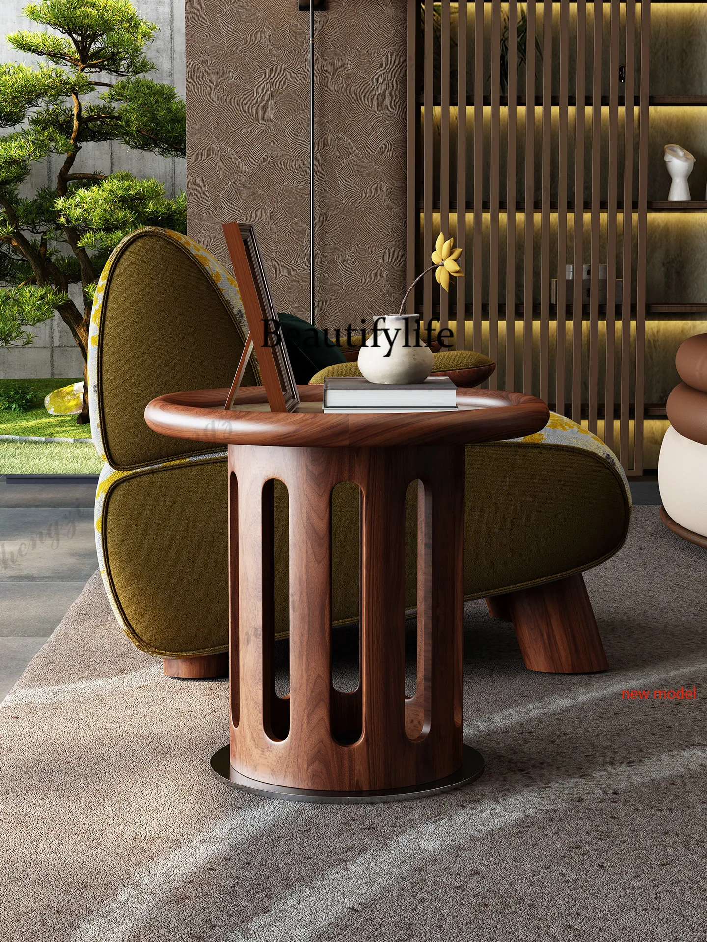 Solid wood edge few storage flower pot frame, small round table next to the new Chinese sofa in the living roomN138