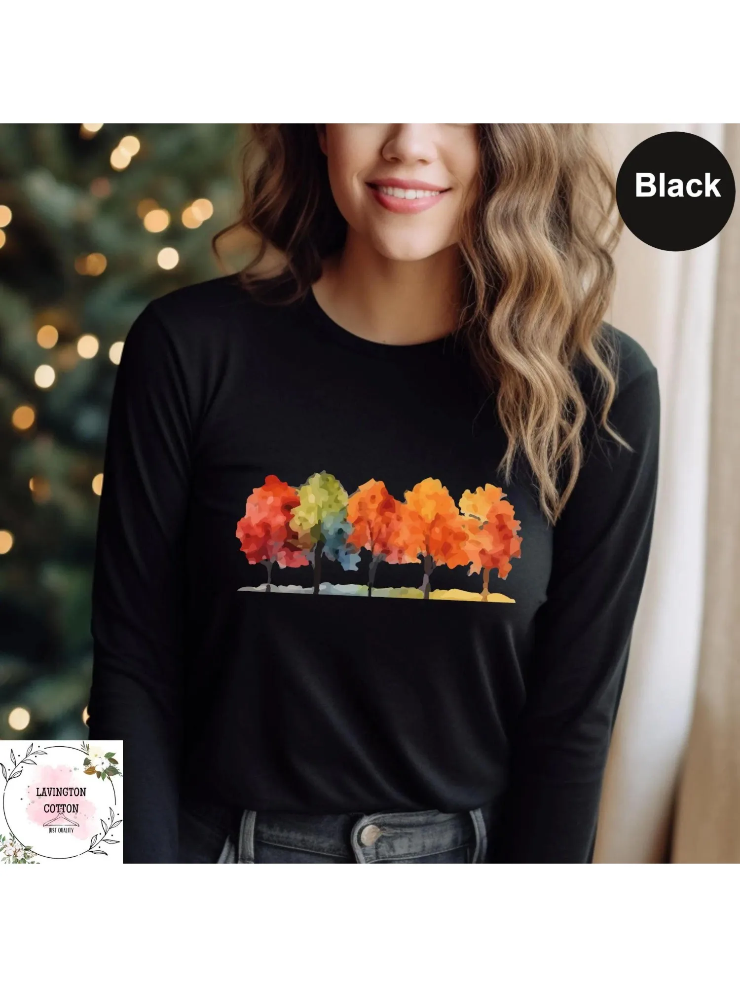 Fall Forest Long Sleeve T-Shirt Autumn Trees Tees Tops Colorful Tree Abstract Nature T Shirt Thanksgiving Clothes Female Outfit