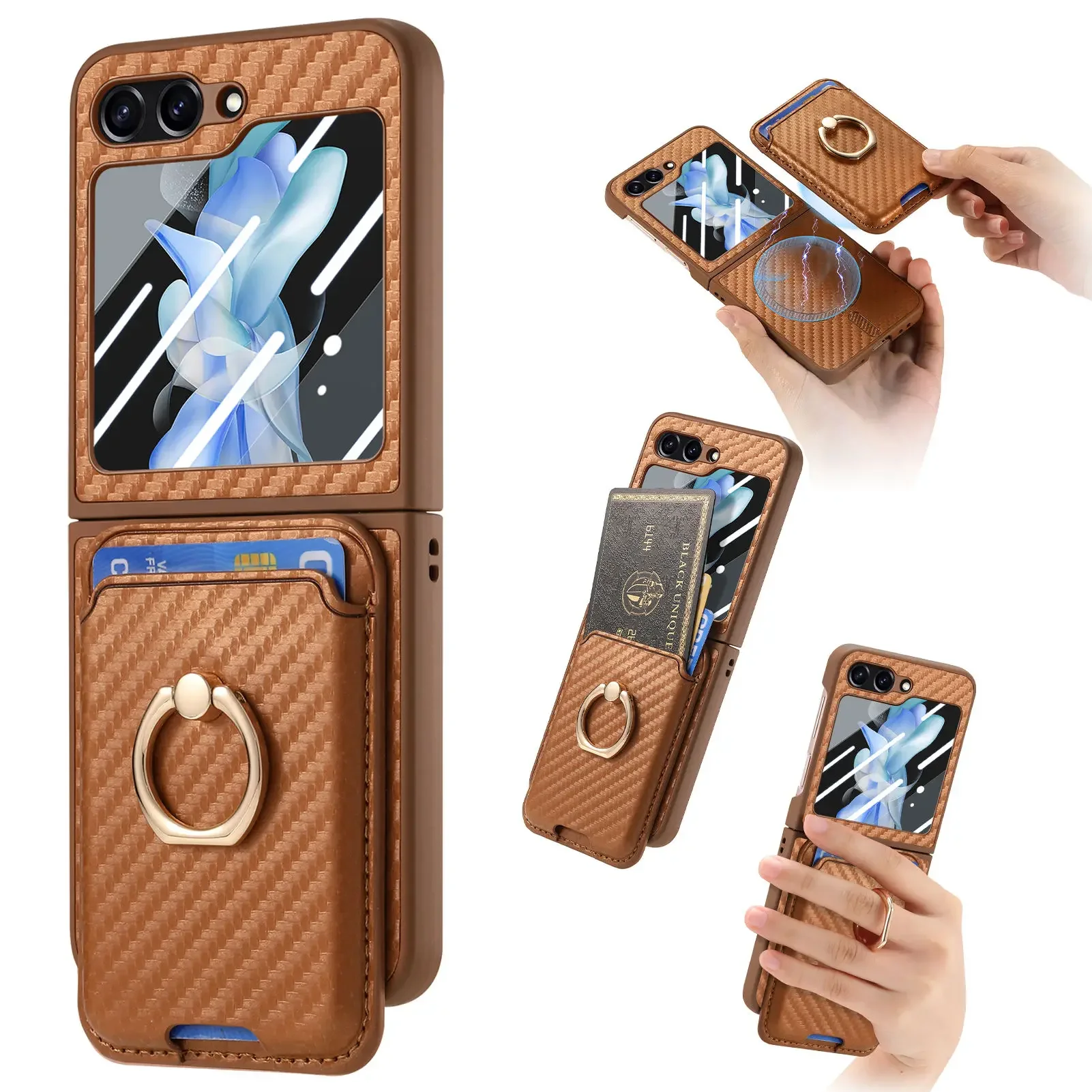 

Ring Holder 2 in 1 Magnetic Cards Solt Carbon Fibre Wallet Case For Samsung Galaxy Z Flip 6 5 4 5G Kickstand Detachable Cover