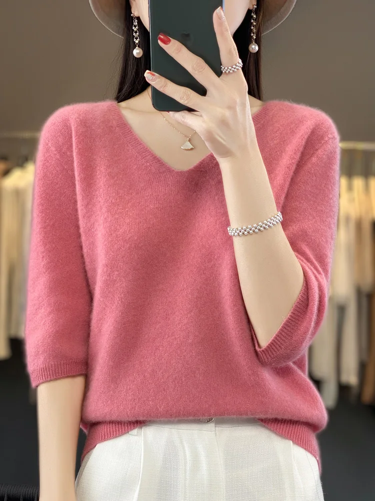 Aliselect Short Sleeve Women Knitted Sweaters 100% Pure Merino Wool Cashmere Spring Fashion V-Neck Top Pullover Clothing