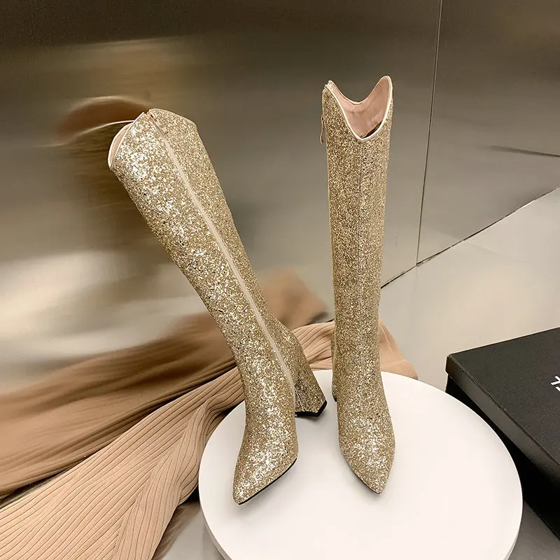 Glitter Bling Bling Party Wedding Bridal Shoes Gold Silver White Pointed Toe Zip Up Block High Heels Women Kneehigh Riding Boots