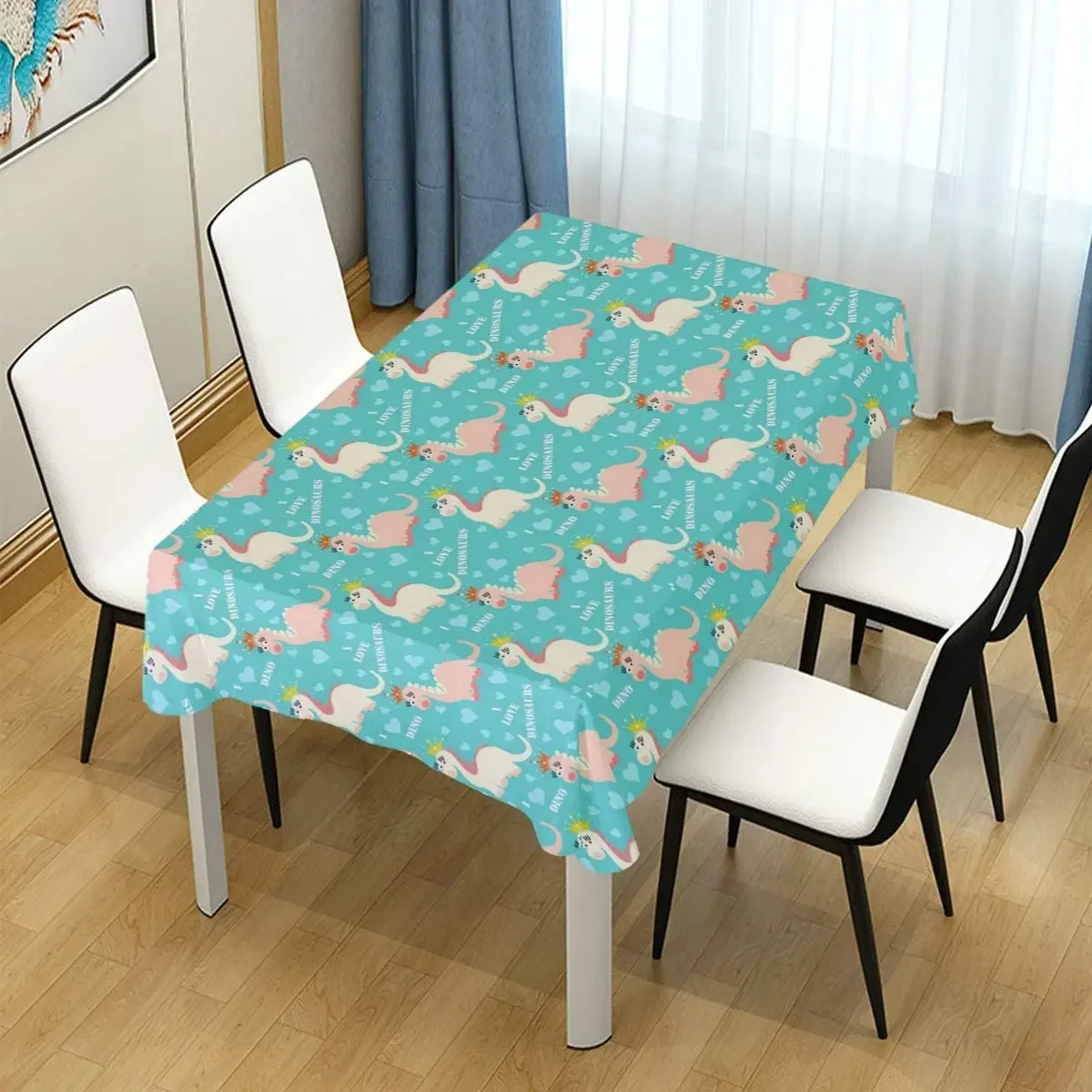 Unique Table Cloth Adorable Cartoon Dinosaurs with Crown Hearts Rectangular Cover for Kitchen Dinning Tabletop Decoration Design