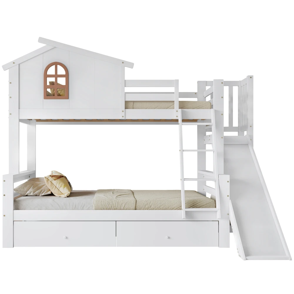 PINGGO Weißes Etagenbett Mutter-Kind-Bett Charakteristische Fenster 4-Stufige Rutsche 2 Schubladen Massivholzrahmen Ohne Matratze – Detail 10