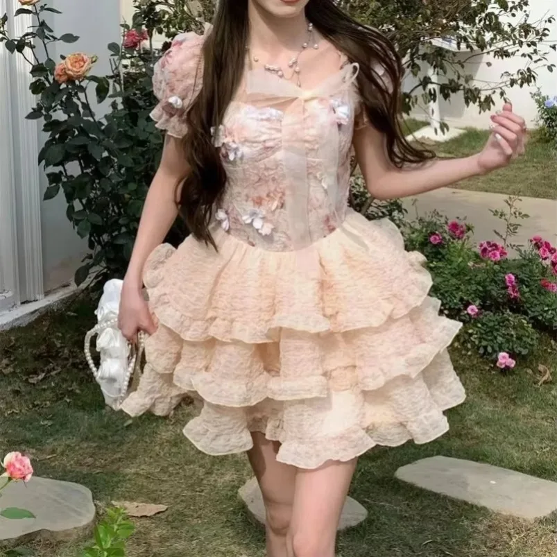 

Sweet Lolita Party Women Kawaii Lace Bow Ruffles Flowe Fairy Dresses Female New Mini Dress Korean High Waist Princess Dresses