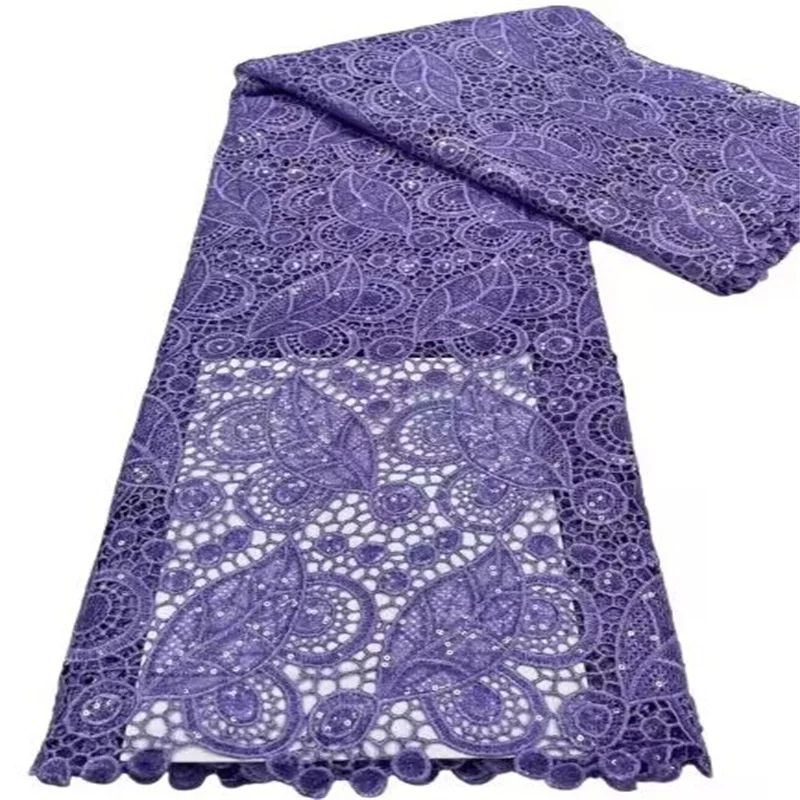 

African Water-soluble Lace Fabric 2023 Purple High Quality Sequins Lace In Switzerland Nigerian Lace Fabrics For Wedding Dress