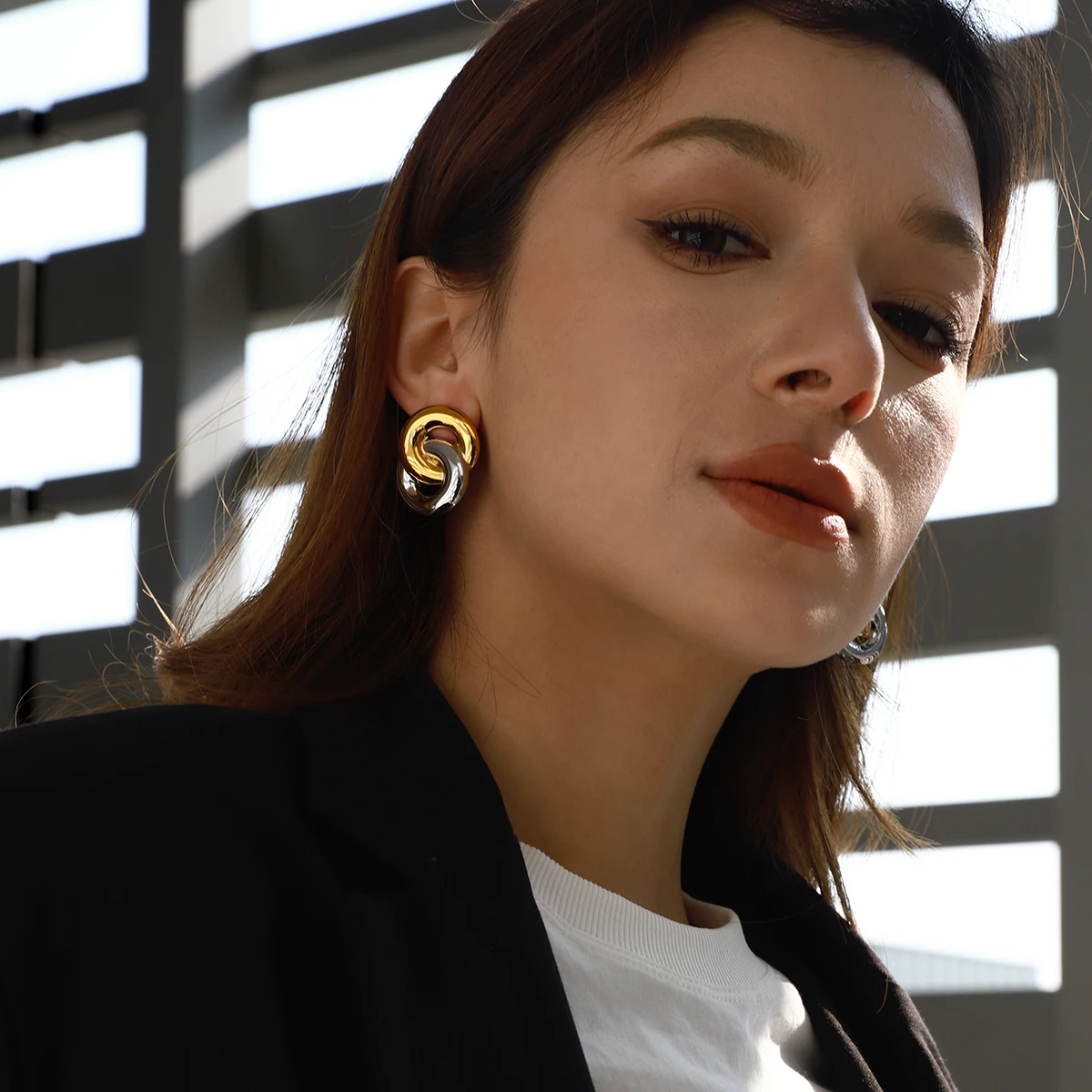 

AIKOER Minimalist Geometric Smooth Elliptical Ear studs Stainless Steel Two tone 8-shaped Earrings Women's Accessories Party Gif