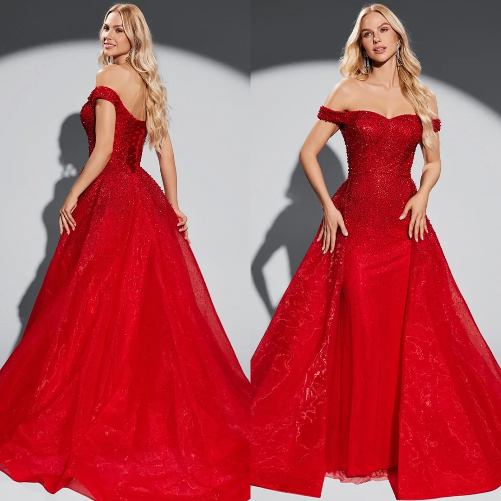 

Роскошные вечерние платья из красной органзы по индивидуальному заказу, модные платья для выпускного вечера с открытыми плечами, изысканные платья для особых случаев