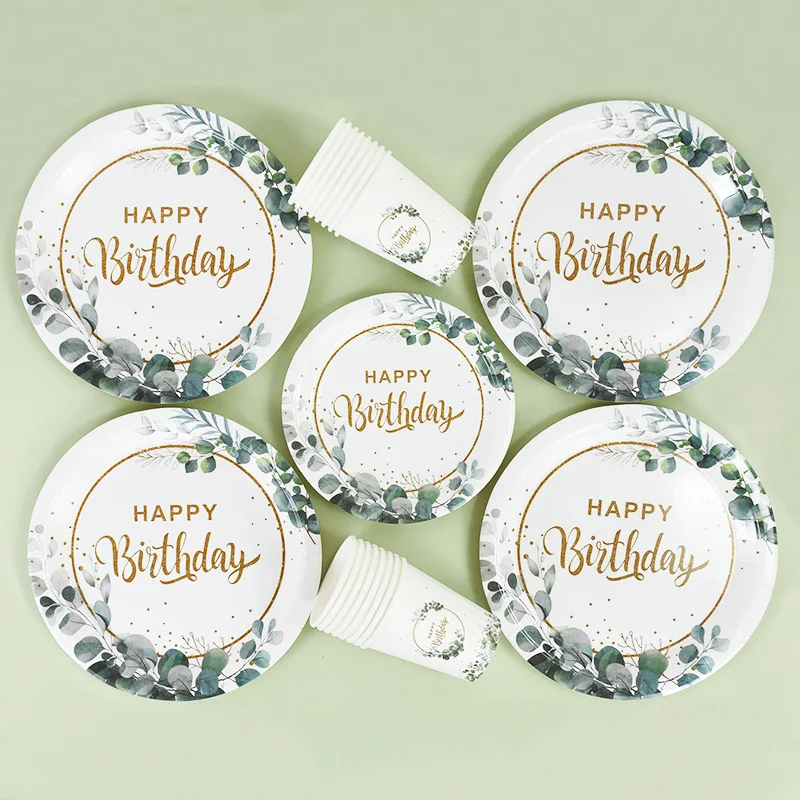 

8/20pcs Green Eucalyptus Leaf Disposable Tableware Set Paper Plate Cup Napkin Happy Birthday Party Decoration Supply Baby Shower