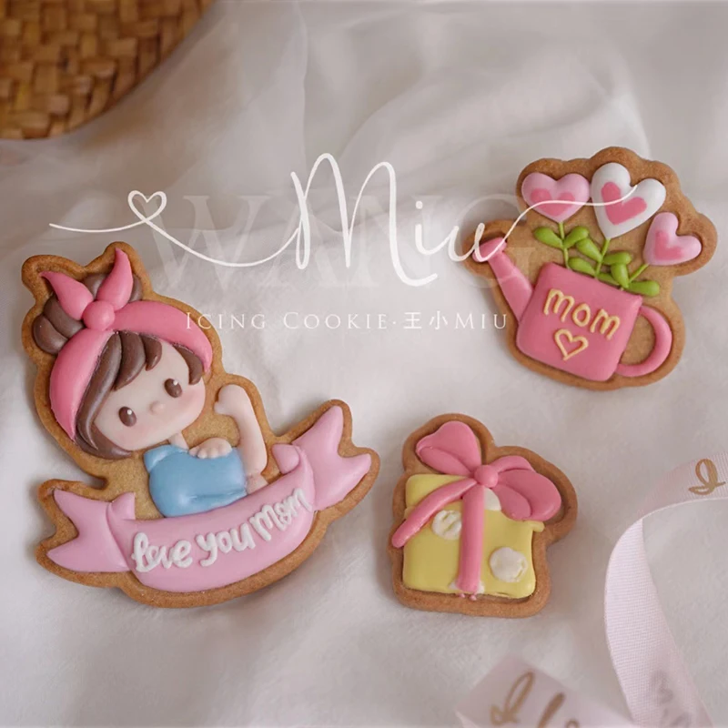 Mother's Day Cookie Embosser Mold Mum Girl Boy flower Gift Shape Cookie Cutter Fondant Sugarcraft Icing Biscuit Mold PLA Plastic