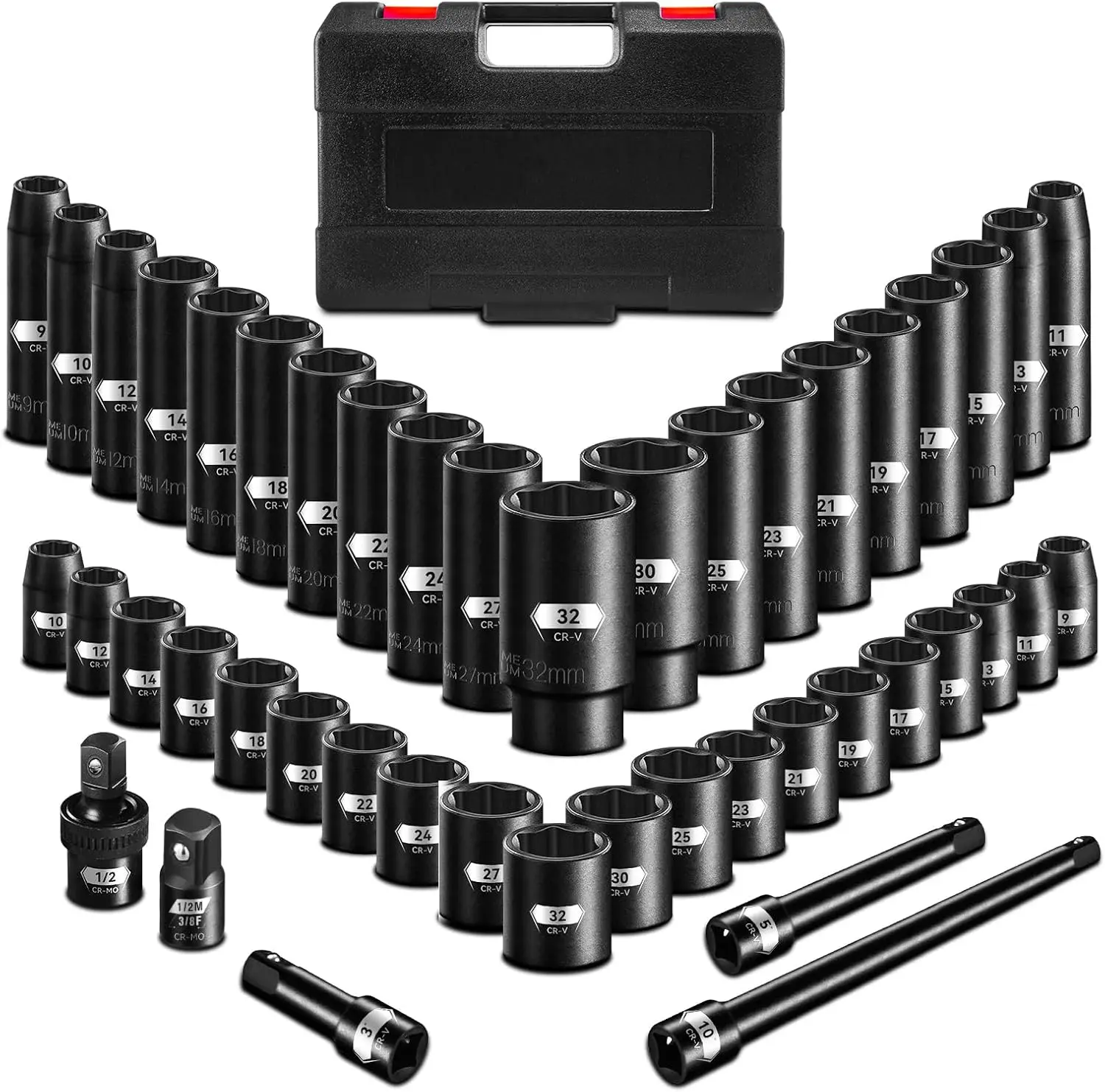 

45-Piece 1/2" Drive Metric Impact Socket Set with Extensions, Adapter & Case - 9-32mm Chrome Vanadium Steel